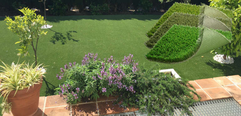 Outside garden fitted with artificial grass